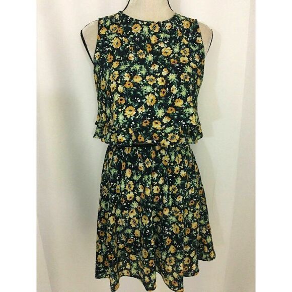 Zara Womens Yellow Black Green Floral Tank Mini Dress Small - Picture 1 of 9